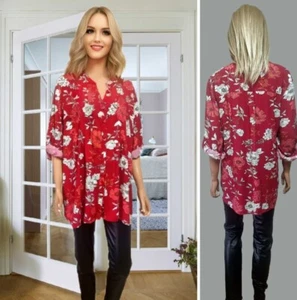 ISLE TOP UK 24 RED FLORAL PRINT HENLEY NECK BUTTON UP ROLL SLEEVE RELAXED FIT #4 - Picture 1 of 10