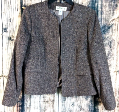 Blazer corto Orvis lana tweed para mujer talla 10 marrón frente abierto forrado informal carrera Foto 1 de 4
