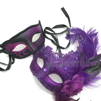 Mardi Gras Masquerade Ball Mask Pair Purple Feather Lace Cosplay Prom Party  - Image 1 of 4