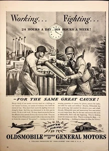 Oldsmobile 1942 trabajando y luchando 24 horas Keep 'em disparando anuncio impreso Segunda Guerra Mundial - Imagen 1 de 6