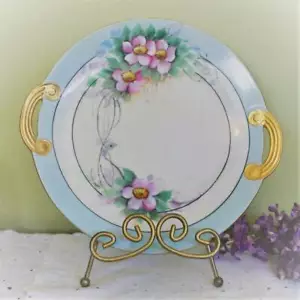 Handpainted Floral Blue Dinner Plate Tray Gold Handles 10 inch Decorative - Picture 1 of 5