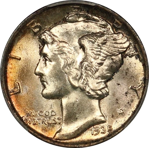 1935 Gem BU Mercury Dime - PCGS MS65 FB, Lustrous and Beautiful Colorful Toned! Cover