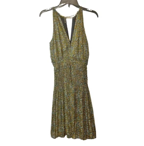 Vestido Michael Kors Plisado Georgette Talla 0 Amarillo Midi Mixto Floral Solero Dorado - Imagen 1 de 12