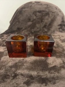 2 Libbey Ruby Red Square Art Glass Candle Holders 2"  - Picture 1 of 3