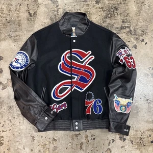 Size L - Brand New 76ers Jeff Hamilton Wool & Leather Full-Snap Varsity Jacket - Picture 1 of 3