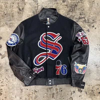 Size L - Brand New 76ers Jeff Hamilton Wool & Leather Full-Snap Varsity Jacket - Image 1 of 3