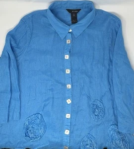 Ali Miles Womens 100% Linen Blue Tunic Top Summer Floral Blouse Lagenlook Sz M - Picture 1 of 8