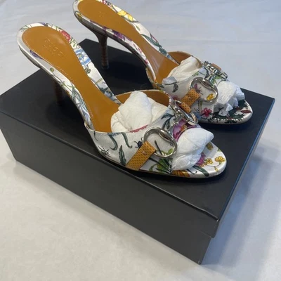 Gucci Sandals Womens 7 1/2 B Multi Color Floral Print Slide Horsebit Heel 138532 - Image 1 of 4
