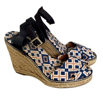 Sandalias de plataforma con correas de cuero de lona azul naranja TORY BURCH zapatos talla 8 Foto 1 de 4