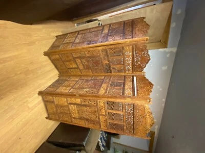 Hermoso divisor de habitación de 4 paneles con patrón de hojas de arce tallado a mano de teca Foto 1 de 4