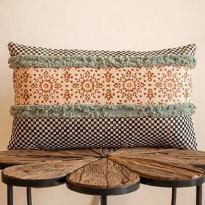 Boho Lumbar Pillow Cover 16x24” - Handmade Cotton Cushion with Fringe - Picture 1 of 6