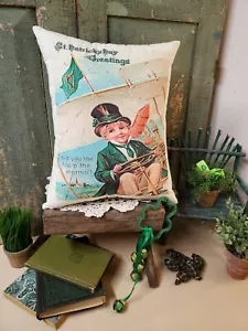 ANTIQUE VICTORIAN PRIMITIVE VINTAGE STYLE IRISH ST PATRICKS AIRPLANE BOY PILLOW - Picture 1 of 8