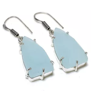 Faceted Aqua Chalcedony Gemstone Silver Plated Earrings Jewelry 2" - Picture 1 of 1