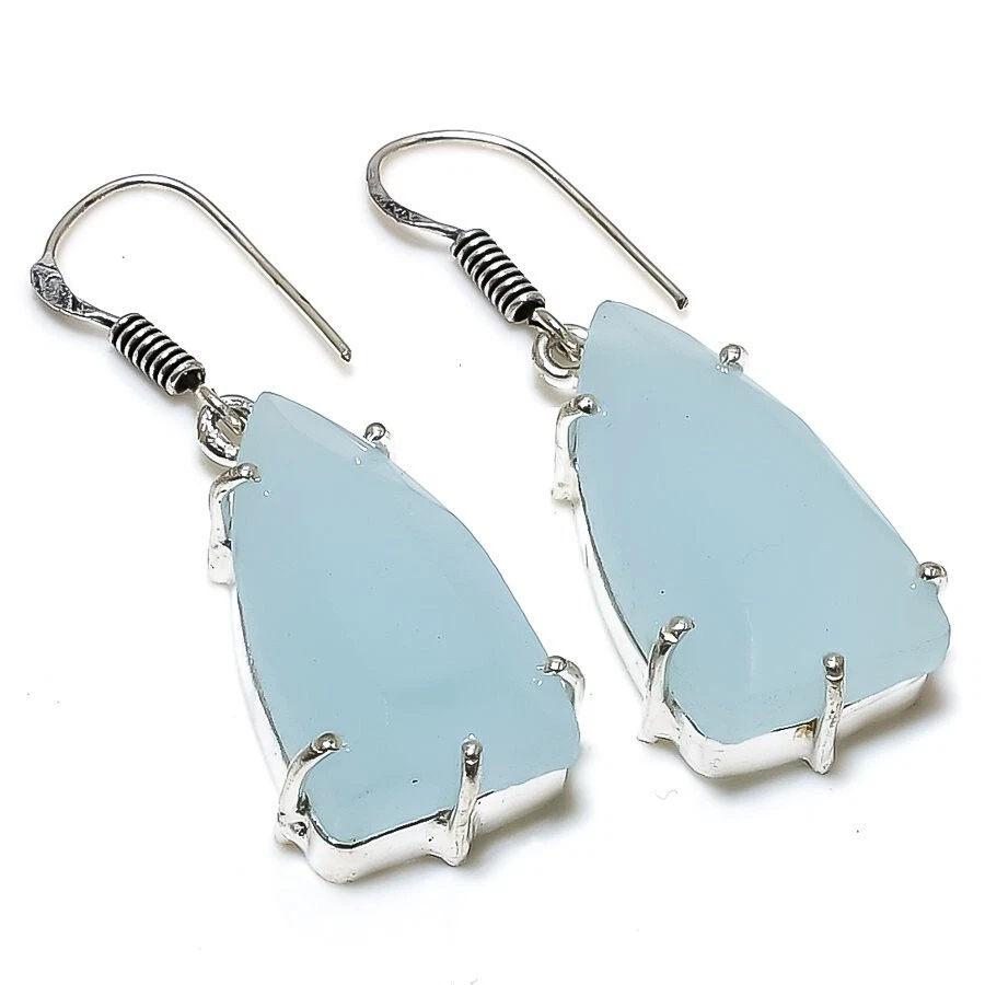 Pendientes facetados aguamarina calcedonia piedras preciosas chapados en plata joyería 2" Foto 1 de 1