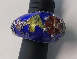 CHINESE ANTIQUE Cloisonne blue SILVER enamel dome Fish And Flower RING  - Picture 1 of 7