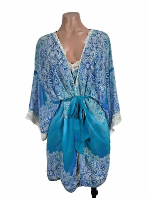 In Bloom by Jonquil Peignoir Set L Gown Robe Blue Floral Paisley Chiffon - Image 1 of 4