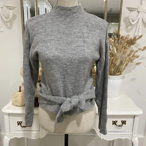 WAYF Mock Neck Tie Waist Sweater Grey Sz XS NWT Cute Girly Cozy Soft Top Wool - Picture 1 of 10