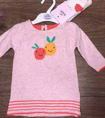 EX M & S Ex M&S Baby Girl Cotton Jumper Dress with Tights Girls Age 3-6 Months NEW