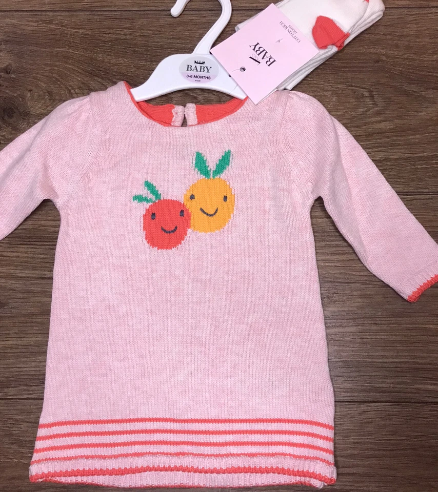EX M & S Ex M&S Baby Girl Cotton Jumper Dress with Tights Girls Age 3-6 Months NEW