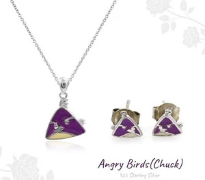Purple Enameled Angry Bird Necklace Set 925 Sterling Silver Necklace & Earrings - Picture 1 of 6