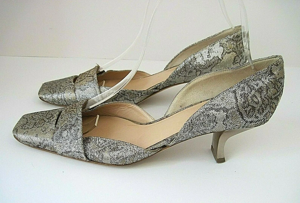 MARY NORTON Gold Silver Metallic Fabric Heels Pumps Size 36 1/2  - Image 1 of 4