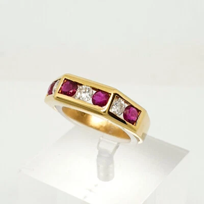 Bague En Or Jaune 18 Kt 750 Diamants 0,45 Ct Rubis -163/VE- - Photo 1/4