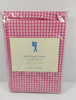 New Pottery Barn Kids Pink White Gingham Check Standard Pillow Sham 100% Cotton - Image 1 of 3