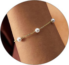 Natural Freshwater Pearl Bracelet, Dainty 14K Gold Bracelet, Pearl Beaded Chain