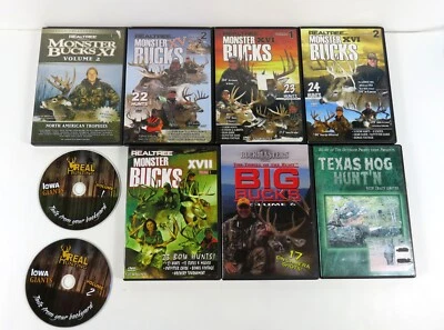 Lot of 9 DVDs Realtree Monster Bucks Buckmasters Hog Hunting Iowa Giants Foto 1 de 4