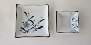 2 World Market Handpainted Square Tapas Sushi Plates Blue Floral 5 " & 3 1/8 " - Picture 1 of 6
