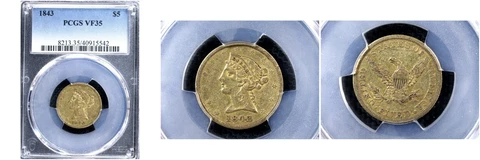 1843 $5 VF35 PCGS-pop 19-Liberty Head Half  Eagle Cover