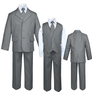 5pc Boy Toddler Kid Teen Wedding Stripe Gray Blazer Formal Tuxedo Suit Set S-20 - Picture 1 of 7