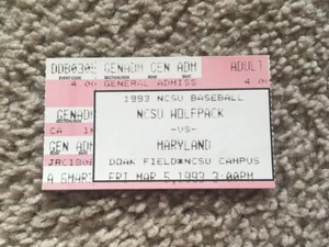 1993 NC State Wolfpack vs Maryland College ACC Men's NCAA Baseball Ticket Stub - Picture 1 of 2