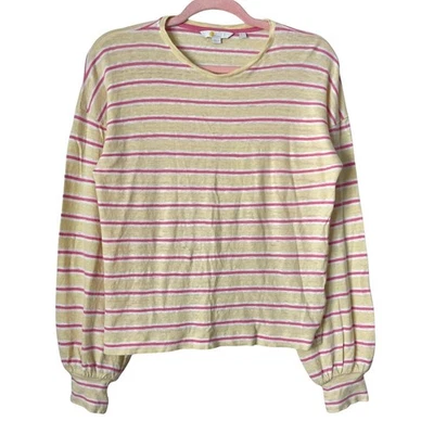 Boden Top Mujer Talla 6 Amarillo Rosa Rayas Lino Tejido Manga Larga Camiseta Retro Foto 1 de 4
