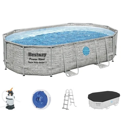 Bestway Stahlrahmenpool Set Power Steel Swim Vista 488 x 305 x 107 cm Oval Grau - Bild 1 von 4