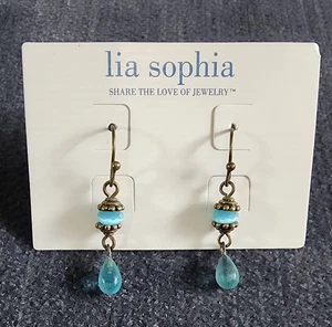 Lia Sophia Gold tone Aqua Blue Drop Dangle Earrings NOS - Picture 1 of 3