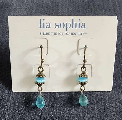 Pendientes colgantes Lia Sophia tono dorado azul aguamarina nuevos de stock Foto 1 de 3