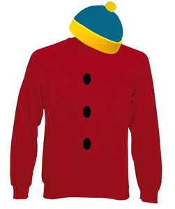 Adults Cartman Outfit Sweatshirt Blue & Yellow Hat Animation Fancy Dress - Picture 1 of 6