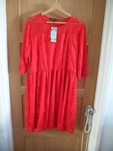 BNWT SIZE 26 STRETCH RED LACE SKATER DRESS 3/4 SLEEVE - Picture 1 of 4