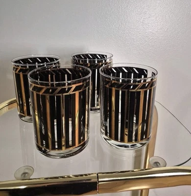 De colección MCM Georges Briard Bars Columnas Rayas Bola Baja Copas de Cóctel Dorado Negro Foto 1 de 4