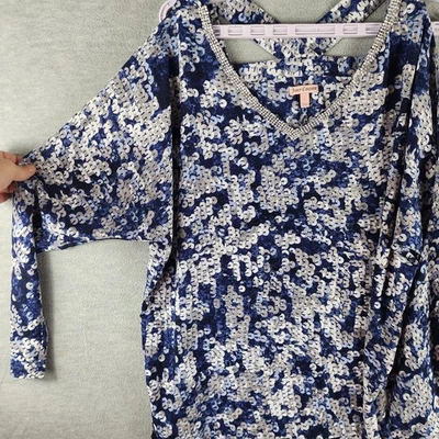 Juicy Couture Shirt Womens Large Blue Silver Sequin Cross Back Embellished Top - Image 1 of 4