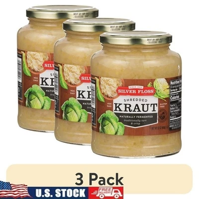 Naturally Fermented Shredded Sauerkraut 3 Pack Gluten Free Kosher Non GMO Jar US - Image 1 of 4