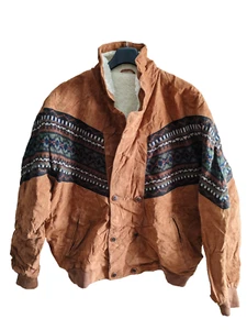 Vintage Azteken Navajo Western Wildleder Leder Sherpa Bomber Jacke Mantel C&A XL - Bild 1 von 19