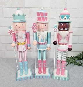 Pink Pastel Nutcrackers Set Of 3 King Guard Candy Christmas Sugarplum Wooden 15" - Picture 1 of 6
