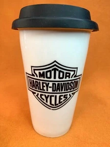 Harley-Davidson Logo White Ceramic Travel Coffee Mug Cup w/Silicone Lid 10 oz. - Picture 1 of 12