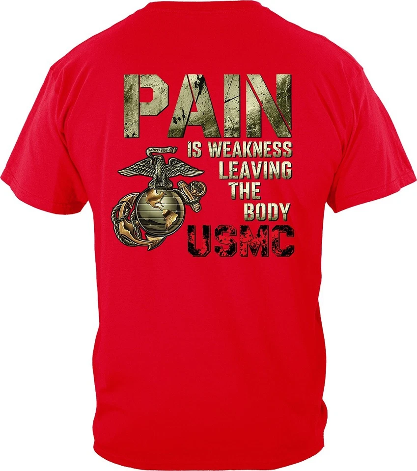 Camiseta USMC Marine Corps Pain Is Weekness Leaving The Body preta vermelha ou verde - Imagem 1 de 4
