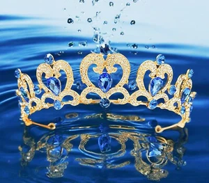 Blue Rhinestone Tiara, Girls Gold tiara, Heart shape tiara, Princess party tiara - Picture 1 of 9