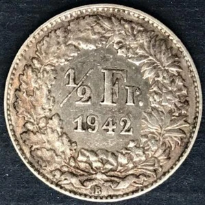 🇨🇭 Switzerland 1942 B ½ Franc Helvetia standing; silver 1950 B 1/2 Franc 🇨🇭 - Picture 1 of 4