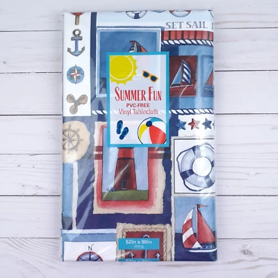 Vinyl Tablecloth 52x90 Nautical Lighthouse Sailboat Lake Camping - Image 1 of 2