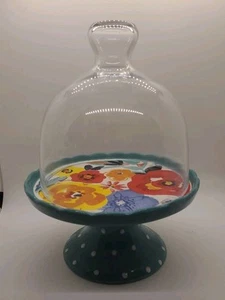 Pionierin Frau CUPCAKE KUCHEN Standfuß Platte Ständer Glaskuppel Floral türkis gepunktet - Bild 1 von 9